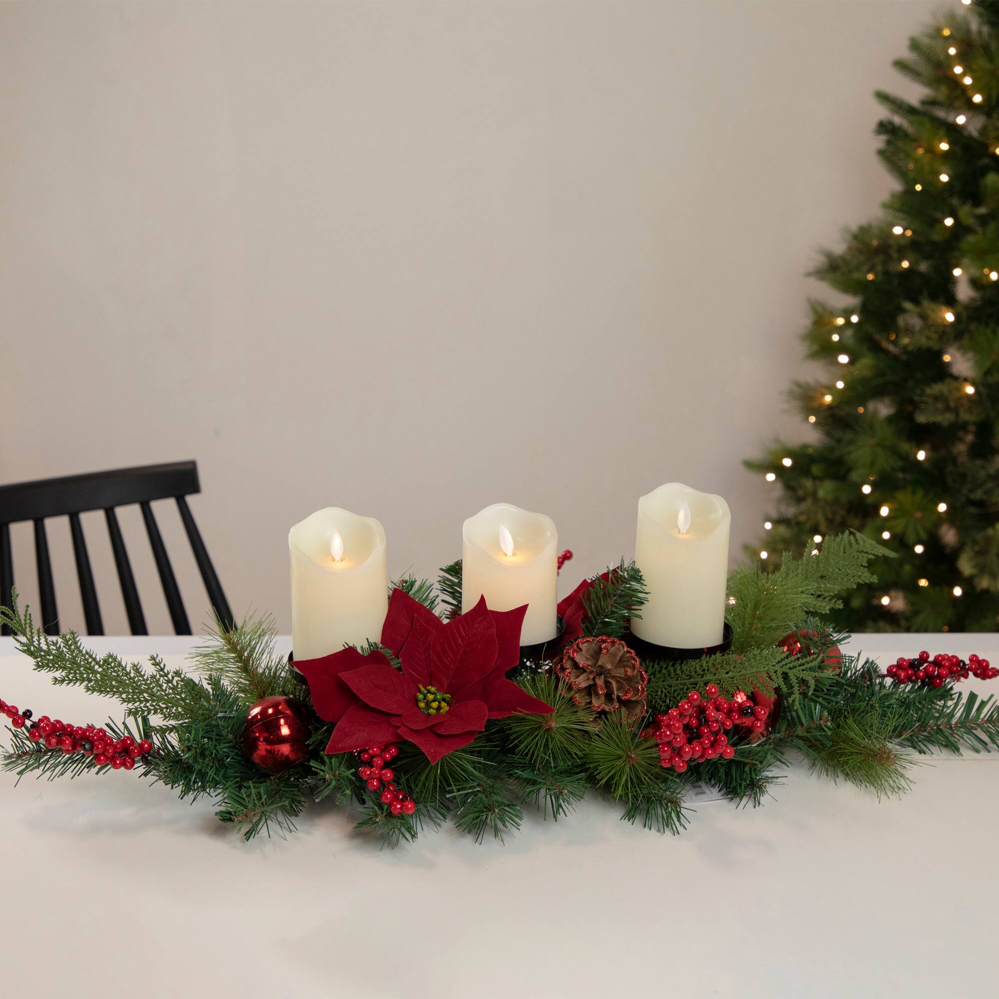 32" Artificial Mixed Pine Berries & Poinsettia Christmas Candle Holder Centerpiece